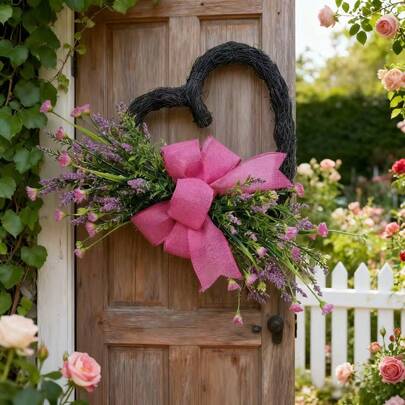 1pc Heart-Shaped Lavender Wreath With Pink Flowers And Lavender, Plastic Flower Wreath Decor, Suitable For Valentine's Day, Wedding, Party, Birthday, Mother's Day, Indoor/Outdoor Door Wall Decoration, Elegant Lavender Wreath