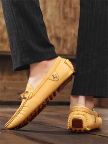 Plus Size Men's Handmade Loafers, Slip-On Moccasin Shoes, Comfortable Casual Work Walking Driving Flat Shoes - Yellow - View 3