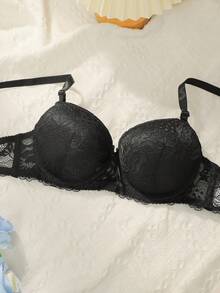 一套女士超薄无钢圈可调节全罩杯蕾丝文胸，性感提拉支撑，防止下垂和侧边赘肉文胸套装 - 黑色 - 查看 3