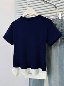 Frill Trim 2 In 1 Lace-Up Summer Short Sleeve Top - Navy Blue - View 9