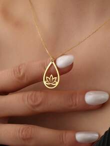 1pc 18K Gold Plated Stainless Steel Lotus Flower Necklace, Delicate Lotus Jewelry, Women's Spiritual Belief Necklace, Female Spirituality Necklace, Buddhist Necklace, Amulet Necklace, Gift For Her - Gold - View 4