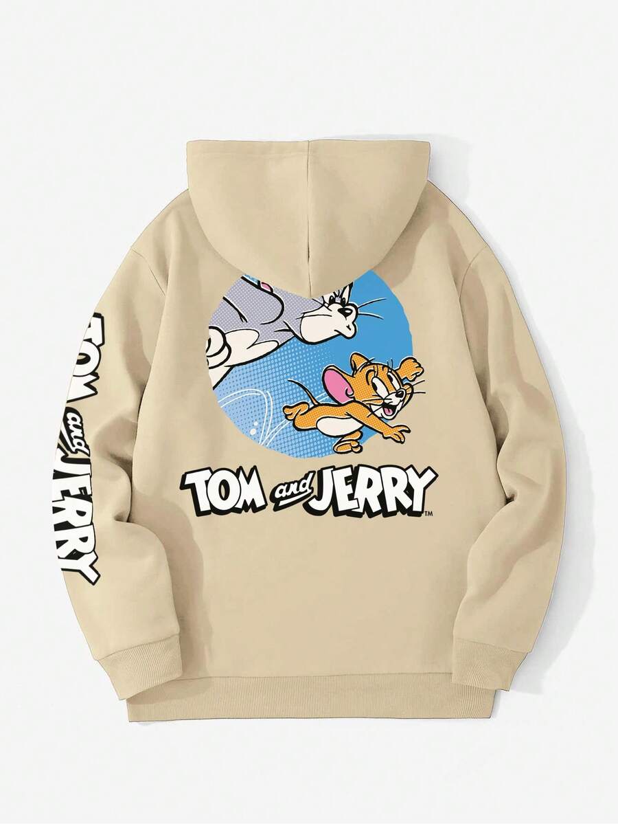 Strevion OBM Men X TOM & JERRY 男士休闲百搭汤姆和杰瑞元素印花连帽卫衣，秋冬款 - 杏色 - 查看 1