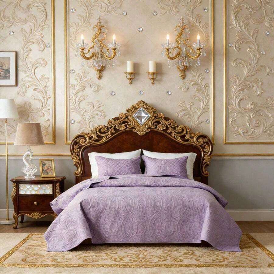 3 Pcs Bed Comforter Set,Queen Comforter Set,Edredones Para Cama Queen Size Quilt Bedding Set,Khaki Warm Microfiber Quilt Set,3-Piece(1 Quilt+2 Pillow Shams) King 104''X96'' Fluffy Cozy Skin-Friendly Lightweight Breathable Soft Plush All-Season Quilt For Bedroom Home Living Room Dorm Office Apartment Decor - Mauve Purple - View 1