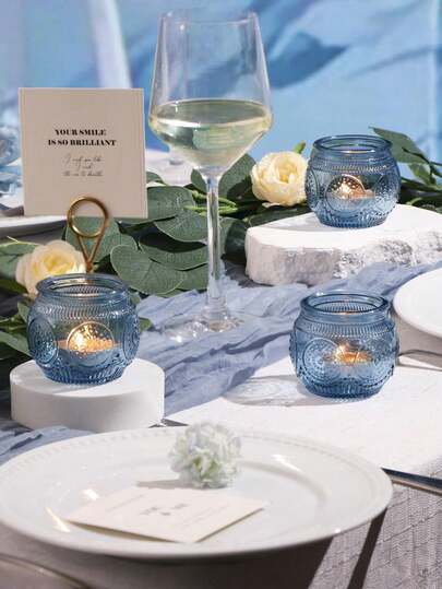 6/12pcs Vintage Blue Glass Candle Holders, Suitable For Wedding Table Decor, Bridal Shower, Boho Tea Party, Wedding Party Guest Gifts