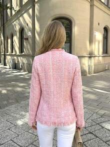 Women's Pink Fringe Trim Jacket, Elegant Eye-Catching Winter Coat, Charming Party Outfit For Christmas And New Year's Eve, Luxury Evening Jacket - Pink - View 3
