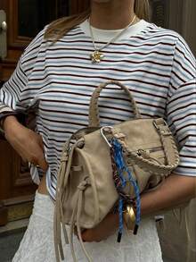 女士彩色条纹短款圆领T恤，针织面料，中等弹性，常规长度休闲上衣，女士健身服，春夏白色 - 白色 - 查看 7