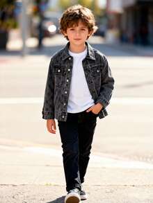 Toddler Boys' Black Denim Jacket,  Vintage Print American Style Jean Coat. Cool Loose Fit Trucker Jacket 4-7 Years. Soft, Durable & Comfortable For All Seasons. All Season Wear. Ideal For School, Park & Daily Play. Spring Fall Outerwear. Birthday Gift For Kids. - Black - View 6