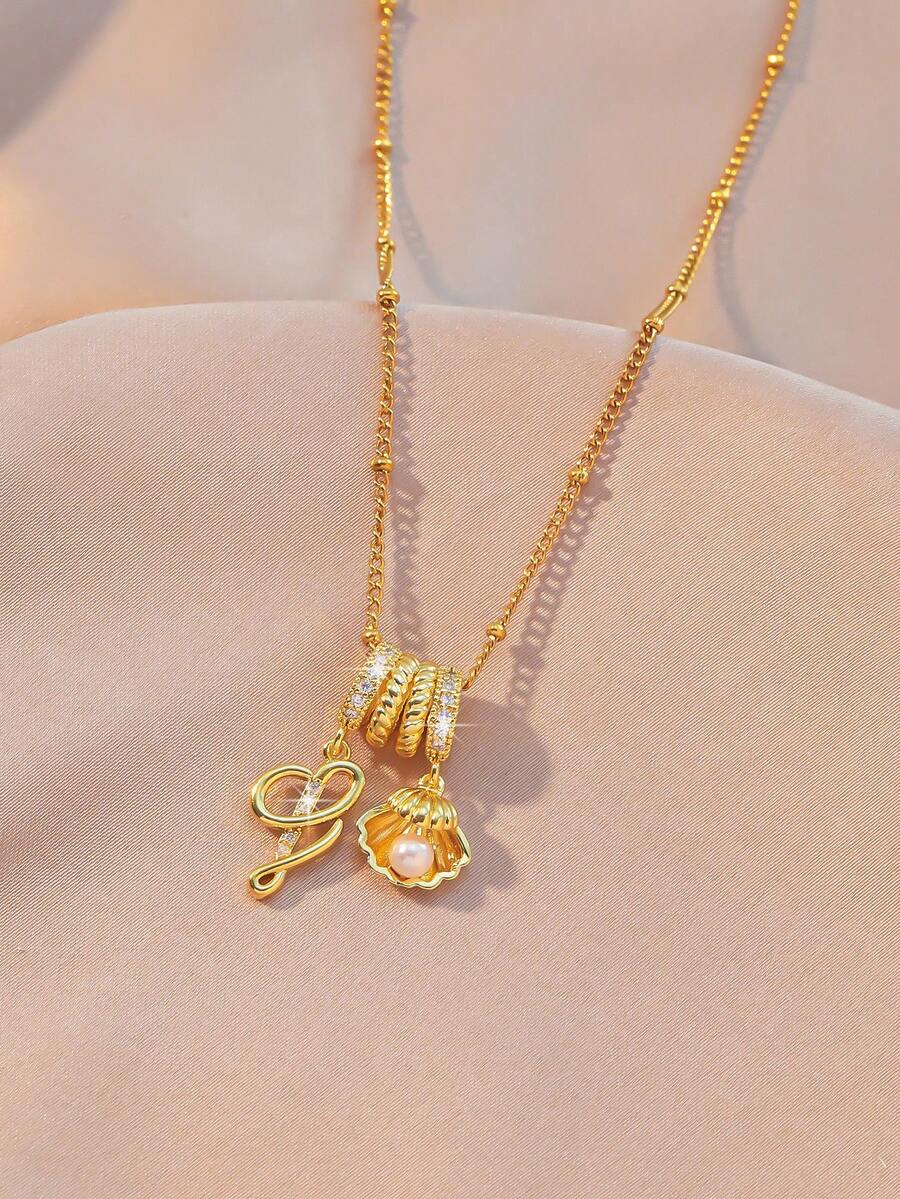 1pc Copper Inlaid Zirconia Exquisite Shell Starfish Infinity Symbol Pendant Necklace, Women Casual Jewelry Gift - Yellow Gold - View 1