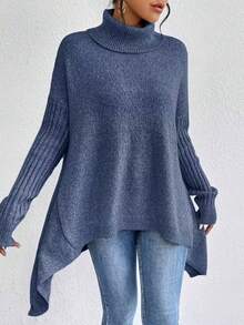 Women's New Arrivals For Early Spring 2026 Oversized Turtleneck Sweater Asymmetric Hem Turtleneck Top Relaxed-Fit Ribbed-Sleeve Turtleneck Casual Turtleneck Pullover With Dropped Shoulders Loose Turtleneck Sweater For Daily Wear  Sweaters For Women Long Sleeve Tops Women - Màu xanh lam - Xem 3