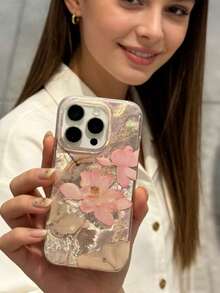 1pc Lotus Flower Embossed Gold Foil Phone Case, Compatible With IPhone 17/17 Pro/17 Air/17 Pro Max/16 Pro Max/16/16 Pro/15 Pro Max/14 Pro Max/13 Pro Max/12 Pro Max/12/11/13/14/15 - Multicolor - View 3