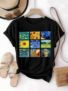 Playera Van Gogh, Arte Clásico, Girasoles, Estudiantes, Cultura,  Artística,blusas elegantes dama,tops,parejas,blusas curvy mujer. - Negro - Ver 1