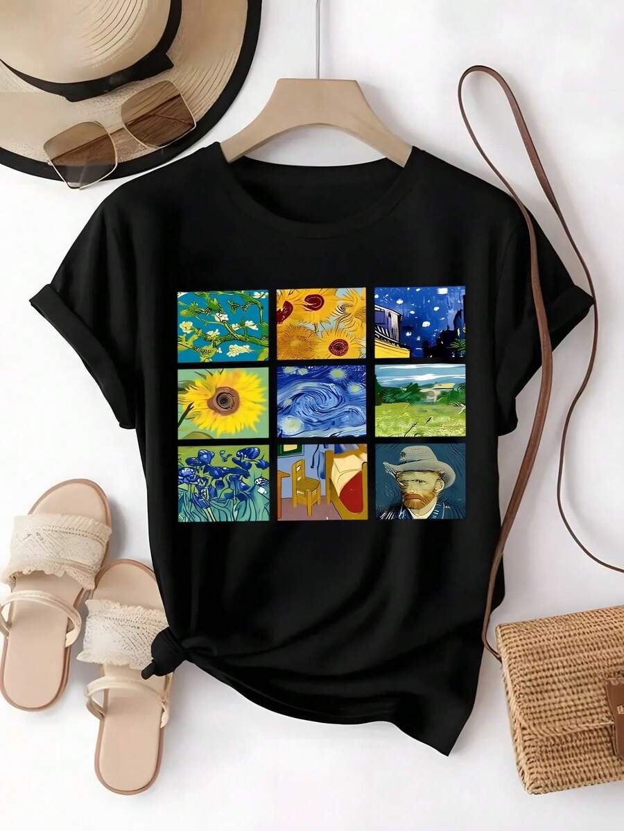 Playera Van Gogh, Arte Clásico, Girasoles, Estudiantes, Cultura,  Artística,blusas elegantes dama,tops,parejas,blusas curvy mujer. - Negro - Ver 1