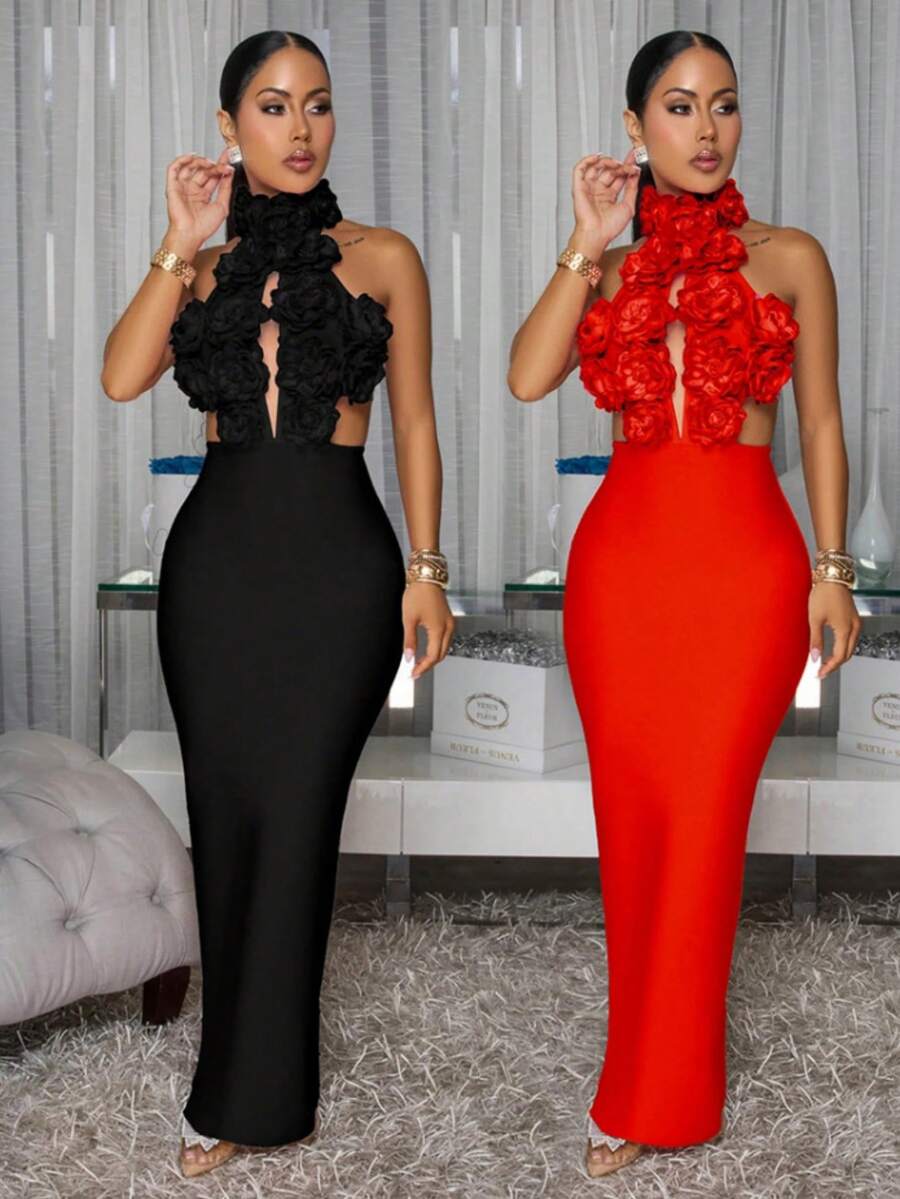Vestido de alta calidad, nuevo y de gran , vestido de noche sexy con hombros descubiertos y gran flor, regalo perfecto para damas. - Rojo - Ver 1