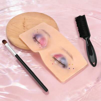 1pc Closed Eye Silicone Eyebrow Tattoo Practice Pad + 2pcs Makeup Brushes Cleaning Tools