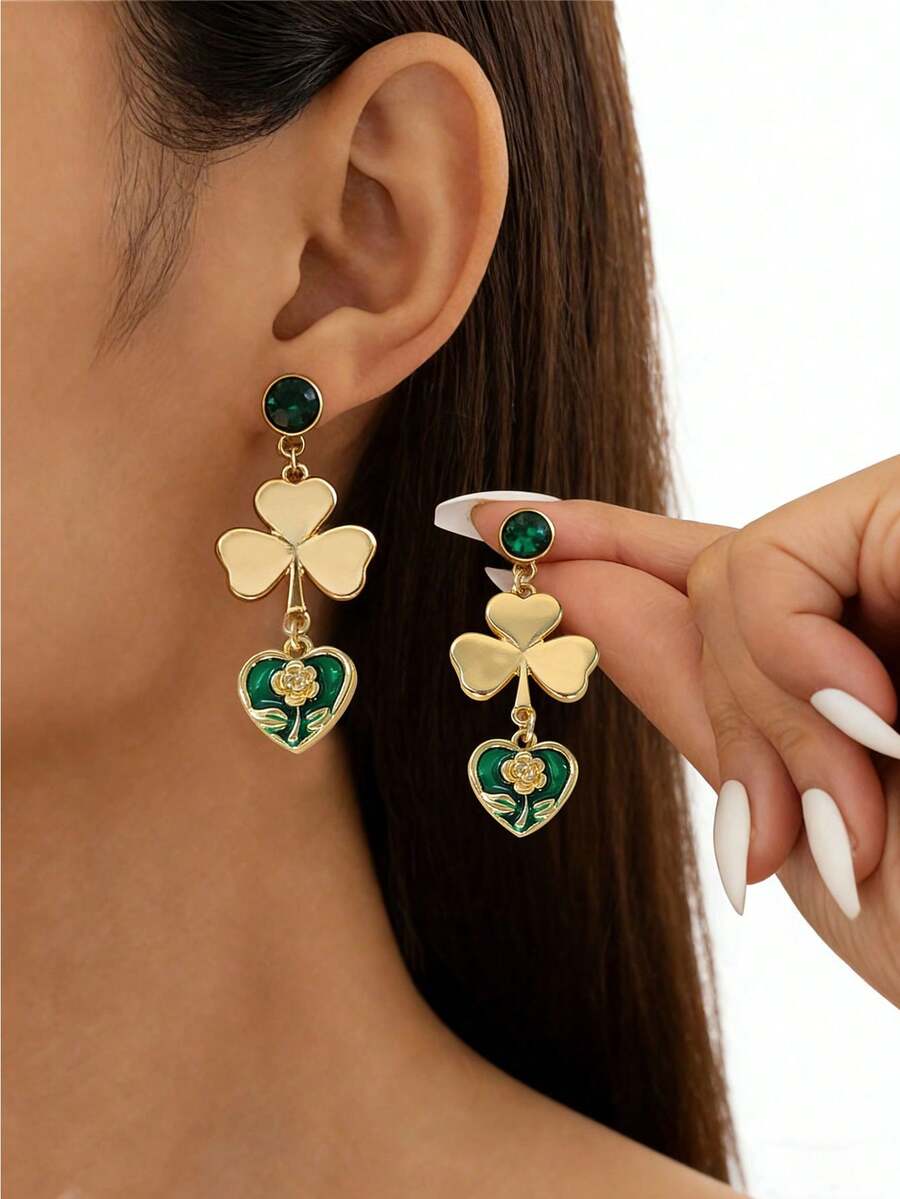1 Pair Gold Clover Earrings & Green Heart Shaped Emerald Stud Earrings, Elegant Jewelry For St. Patrick's Day - Earring - View 1