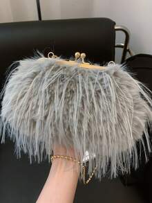 Fashionable Khaki Flap Chain Plush Handbag, Versatile Women's Shoulder Bag For Daily Commute And Phone Pouch - Grey - View 7