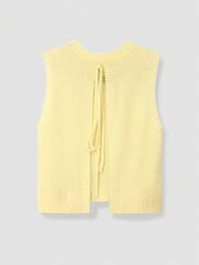 Spring And Summer New Round Neck Solid Color Simple Back Neck Bow Tie Tie Knitted Yellow Tops For Women With Wide Backless Design Sweater Vest - Yellow - View 6