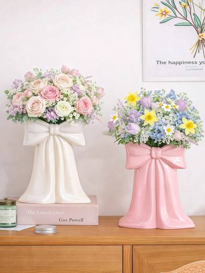 1pc Pink/White Bow Vase, Decorative Vase, Tabletop Centerpiece, Home/Living Room Decor