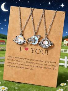 3 Piezas Collar De Metal Plateado Incrustado Con Diseño De Diamantes De Imitación Con Colgante De Estrella, Luna, Sol Para Parejas O Amigos Como Regalo - Plateado - Ver 2