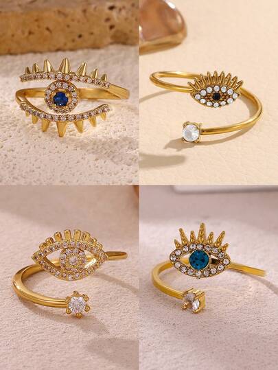 18K Gold Plated Stainless Steel Vintage Evil Eye Zirconia Ring For Women, Mother's Gift, Wedding Jewelry, Party Accessory, Anniversary Present