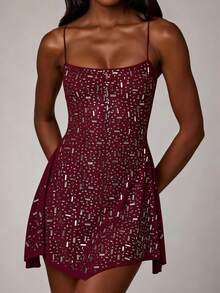 Vestido mini ajustado sexy con volantes en el bajo y pedrería, vestido de fiesta transparente, vestido de noche formal para mujer, vacaciones, boda - Burdeos - Ver 1