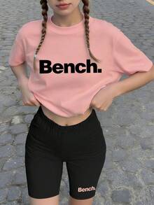 两件套女童柔软休闲套装，“Bench”字母图案T恤，配套骑行短裤，适合轻度外出、校园日常穿着、夏季穿着 - 粉色 - 查看 8