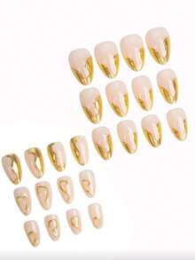 24pcs European & American Minimalist Gold-Tone Metallic Nail Stickers, Featuring Musical Notes & French Designs, Suitable For Parties, Vacations, Reusable With Gel Glue & File Included - Gold - View 4