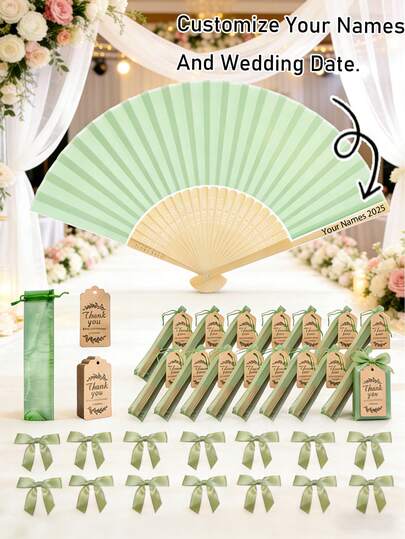 Set de abanicos plegables personalizables para regalo de boda, se pueden imprimir los nombres de la novia y el novio y la fecha de la boda. Estos abanicos plegables de dama presentan un diseño de la serie de verano verde con lazo y bolsa de almacenamiento, ideal para la decoración de la fiesta de bodas, despedida de soltera, recuerdos de boda, fiesta de cumpleaños, accesorios para fotos de boda, regalos para damas de honor, abanicos de verano, suministros para eventos y fiestas, así como cajas de recuerdos de fiesta de múltiples piezas.