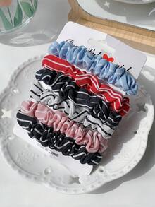 6pcs Satin Fabric Hair Ties Combination, Multi-Element, High Elasticity, Non-Damaging, Minimalist Polka Dot/Striped Basic Hair Scrunchies - Multicolor - View 7