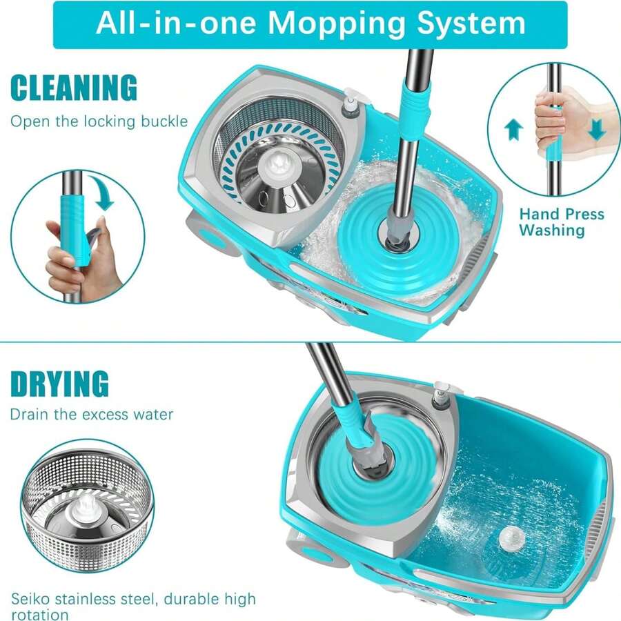 Spin Mop And Bucket,Mop And Bucket With Wringer Set For Home,360 Spinning Mopping Floor Cleaning Tool With 4 Microfiber Replacement Head Refills,61" Extended Handle, 2X Wheel - Blue - A - 查看 1