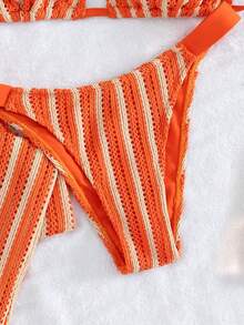 Bộ bikini dệt kim kẻ sọc gợi cảm 3 món - Áo tam giác + Quần cạp thấp + Quần ống rộng có dây điều chỉnh | Đồ bơi đi biển phong cách retro cho kỳ nghỉ hè - trái cam - Xem 4