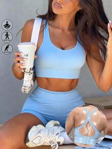 Runway Rest Women's Sports Bra With Lift & Support, Seamless, Wireless, Breathable Sports Underwear, Cool Light Blue - Blue - View 3