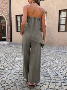 PoPoHouse Women's Halter Two Pieces Set Elegant Casual Summer Vacation Outfit Sexy Backless Sleeveless Asymmetrical Top & Wide Leg Pants For Beach & Holiday Going Out - Army Green - View 2
