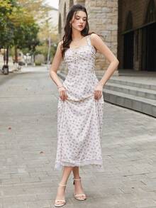 PARTHEA Elegant Sleeveless Strappy Cami Midi Dress With Knot Ruched Bust Backless Smocking And Floral Print Contrast Lace Detailing - Pink - View 8