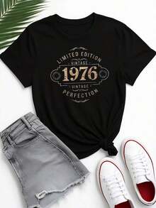 Vintage 1976 Limited Edition Perfection T-Shirt - Casual Graphic Tee For Women - Birthday Gift Idea - Summer Spring Fashion - Black Short Sleeve TopRelaxed Plus Size T-Shirt - 黑色 - 查看 6