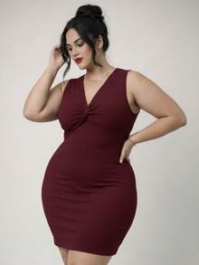 Elegant Plus Size Dress With V-Neck And Sleeveless - 紅木色 - 查看 2