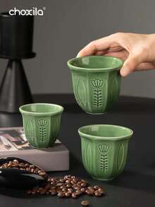 choxila 1pc Green Embossed Tulip Ceramic Cup, Middle Eastern Style Coffee Cup, Saudi Style Tea Cup, Water Mug, Suitable For Home, Restaurant, Yard, Coffee Corner, Ramadan Gift, 3 Size Options - Cup - View 6
