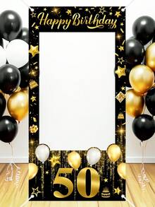 1件黑色金色亮片生日派對拍照道具，60x120cm 50歲生日快樂拍照相框背景布，聚酯纖維布料，50歲生日派對裝飾適用於男女，生日派對用品，2D平面 - 彩色 - 查看 6