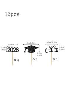 12pcs/Set 2026 Graduation Party Cake Toppers, Dessert Decorative Picks - Black - View 3