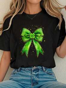 Women Clothes Shamrock Coquette Bow St Patricks Day Irish Lucky Girl Women T-Shirt Tops For Women - màu đen - Xem 1