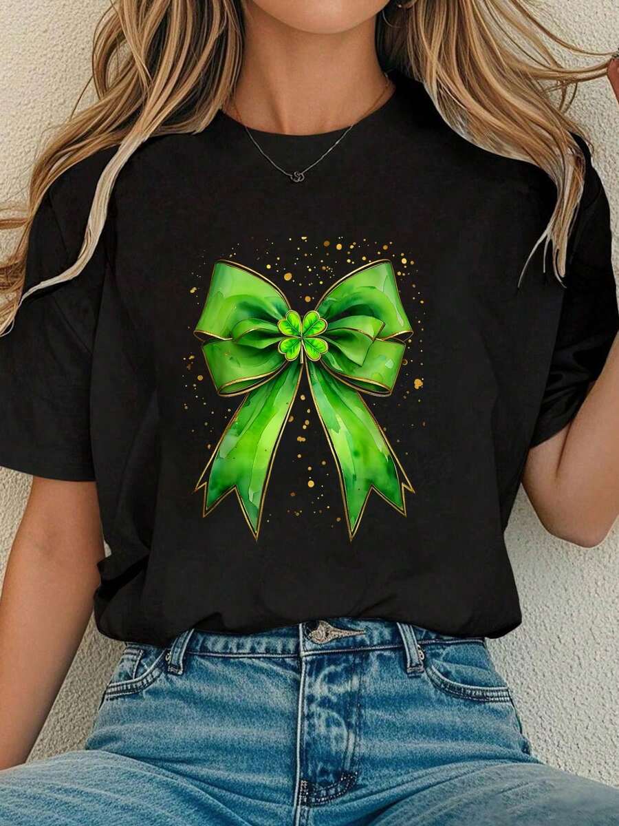 Women Clothes Shamrock Coquette Bow St Patricks Day Irish Lucky Girl Women T-Shirt Tops For Women - màu đen - Xem 1