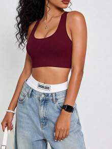 Runway Rest 1pc Seamless Sports Racerback Bra, Hollow Backside Outerwear Elastic Solid Color Women Lingerie - Red - View 3