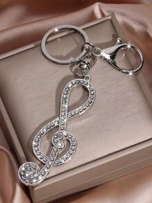 1pc Hip Hop Streetwear Crystal Rhinestone Music Note Car Key Chain, Metal Cute Bag Charm Keyring, Unisex Crossborder Creative Gift, All Season - Silver - View 2