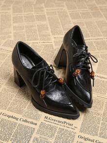 2026 Spring New Women's Shoes, Pointed Toe Fashion Elegant Retro Beaded Bow Tie Leather Pumps, Chunky Heel Mule Shoes, Casual Commute Slimming Chic Black, Burgundy - Black - View 5