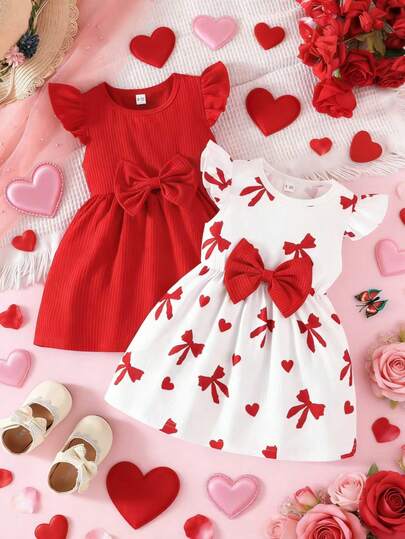 2pcs/Set Toddler Crew Neck Cap Sleeve Butterfly Print & Solid Ribbed Minimalist Cute Outfits, Spring/Summer