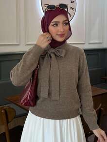 DAZY New Arrival Solid Color Casual Bowknot Knot Decor Women Sweater, Autumn,Fall Women Clothes - Brown - View 7