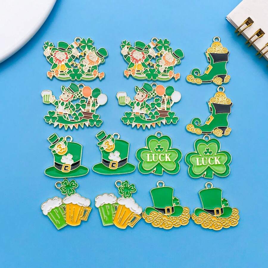 5个幸运小妖精吊坠 | 珐琅绿色锌合金圣帕特里克节首饰DIY套装，可用于手链和项链 - 彩色 - 查看 1