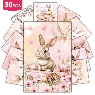 30pcs Pink Aesthetic Easter Bunny & Egg Postcard, Vintage Cartoon Wall Collage Kit For Home & Bedroom Decor, Holiday Decorative Cards For Crafting And Gifting, Easter Decorations