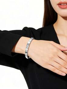 1pc Fashionable Luxury Stainless Steel Rhinestone Bangle Bracelet, Suitable For Daily Wear - Silver - View 7