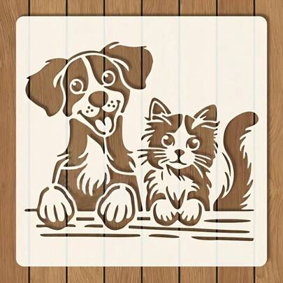 5.98x5.98 Inch Reusable Cat & Dog Template | Cute Animal Illustrations For DIY Crafts | Modern Minimalist Design | Washable Plastic Stencil For Fabric, Paper, Walls, Canvas And Floors | Home Decor Tool With Gradient Effect, Reusable Cat Template
